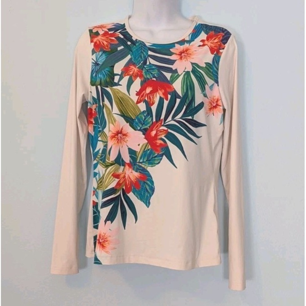 Lands End Swim Top Women's Small Rash Guard Tropical Flower Long Sleeve White